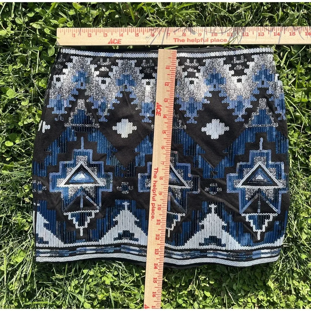 Express Sequin Mini Skirt XS Black Blue Geometric Aztec‎ Bodycon Lined Festival